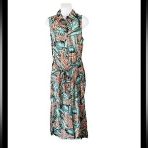 By Guliana XS Tropical cheetah Green Sleeveless Dress button down tie waist